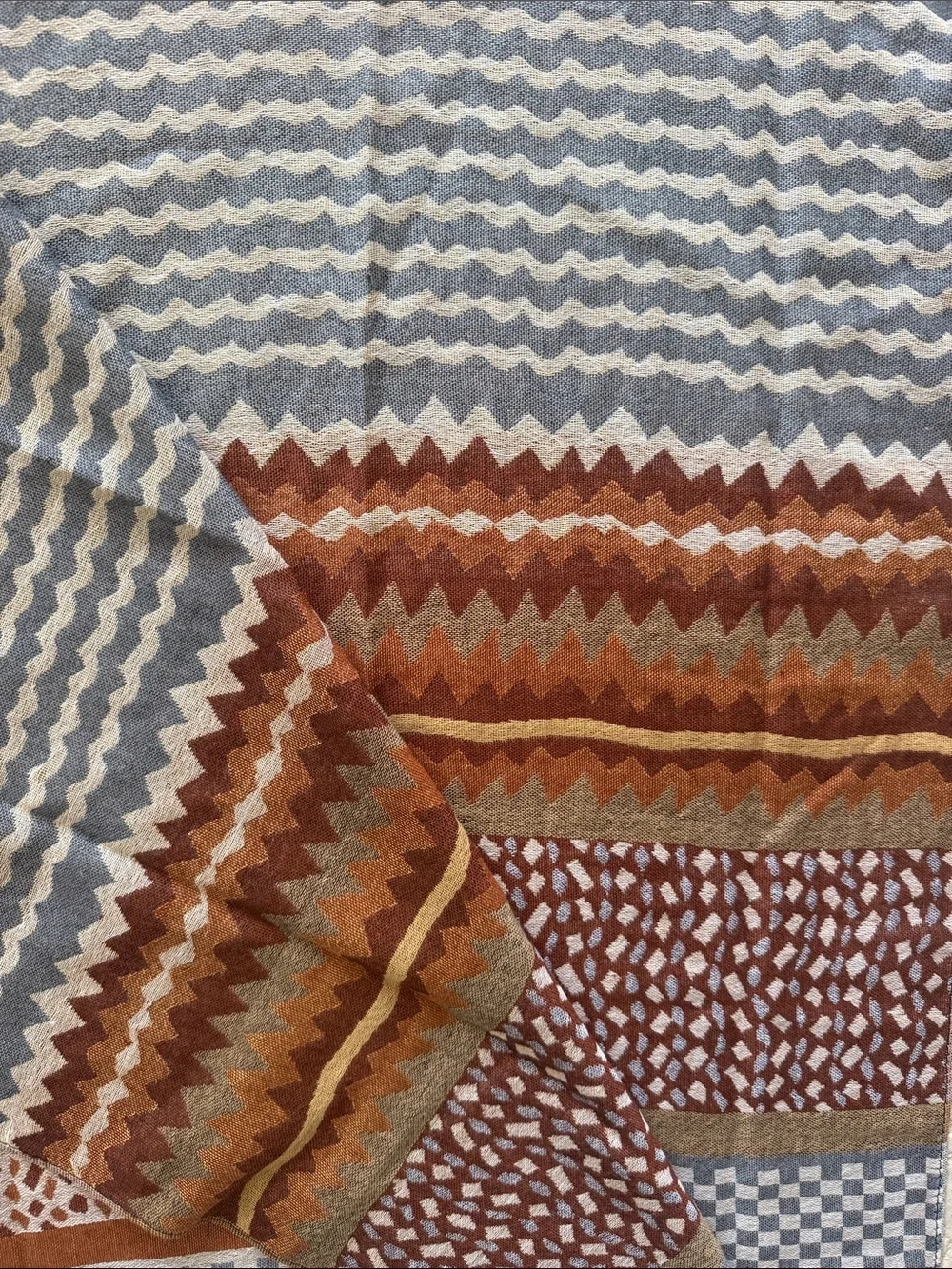 Woven Fringe Throw Blanket in Blue, Brown & Cream